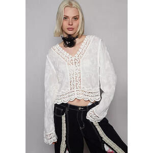 POL Long Sleeve Cropped Crochet Top with Floral Embroidery Detail